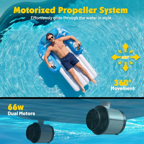 Rechargeable Adult Inflatable Motorized Pool Float Dual Motors Two Storage Compartments Electric Water Lounger Raft Supports 250