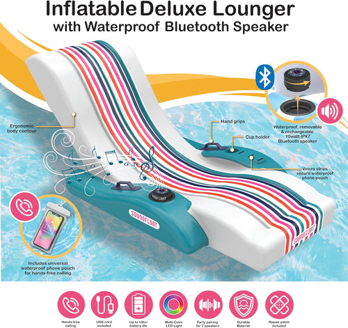 Inflatable Pool Lounger with Bluetooth IPX7 Waterproof Speaker, Cup Holder, Floating Pool Chair for Adults, Kids, Premium Pool Float for Pool Parties, Tanning, Backyard, 250Lb Capacity