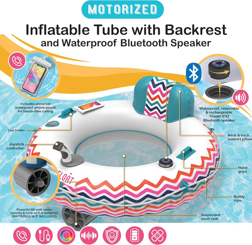 Motorized Inflatable Pool Float Lounger Tube, Bluetooth 5 IPX7 Waterproof Speaker, Pool & Lake Float with Mesh Bottom, Cup Holder, Backrest, Heavy-Duty Handles, 66W Motor